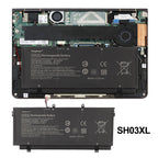 HP SH03XL replacement Li-ion laptop battery 11.55V 57.9Wh 5020mAh installation diagram inside HP laptop