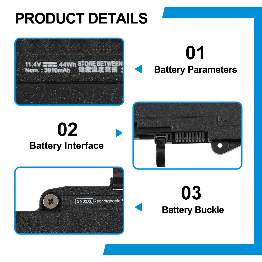 SN03XL product details: 11.4V 44Wh 3910mAh battery parameters, cable clip interface connector, buckle mount design for HP EliteBook ProBook notebook