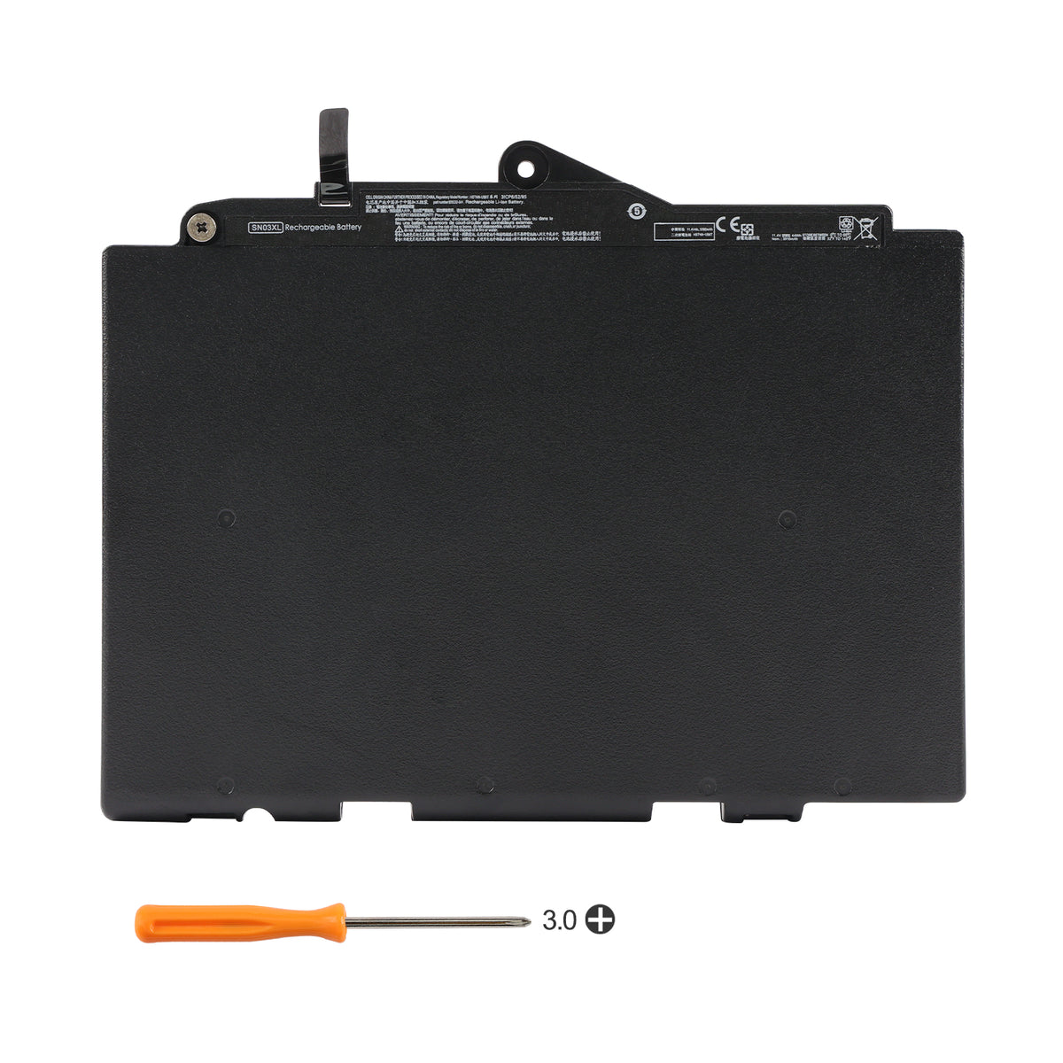 SN03XL 11.4V 44Wh HP laptop battery white background product hero shot with 3.0 Phillips screwdriver, replacement for HP EliteBook ProBook series