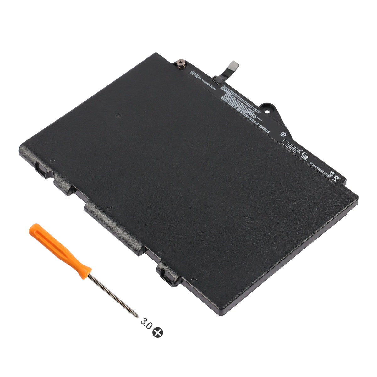 SN03XL 11.4V 44Wh HP laptop battery white background product hero shot with 3.0 Phillips screwdriver, replacement for HP EliteBook ProBook series