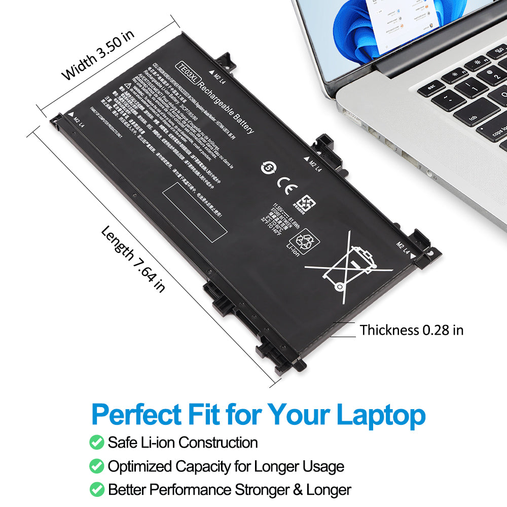 HP TE03XL replacement laptop battery 11.55V 61.6Wh 5333mAh, dimensions Width 3.50in Length 7.64in Thickness 0.28in