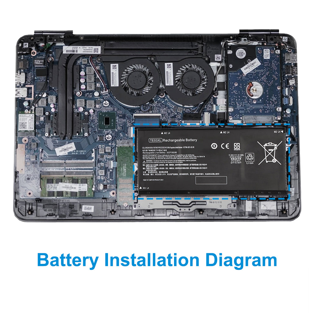 HP TE03XL replacement laptop battery 11.55V 61.6Wh 5333mAh, internal battery installation location in HP notebook