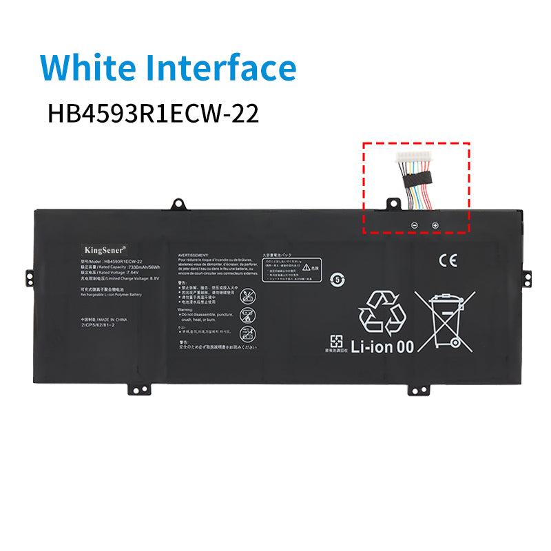 HB4593R1ECW-22 white interface battery for Huawei MateBook 14 2020, 7.64V 56Wh Li-Polymer, multi-pin connector close-up with red dashed box highlight