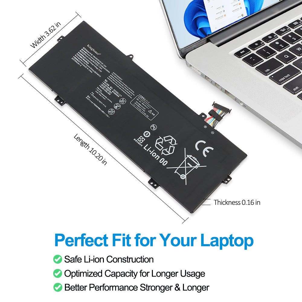 HB4593R1ECW-22A Huawei MateBook 14 battery dimensions 10.20 x 3.62 x 0.16 inches, size diagram with laptop compatibility check, safe Li-ion construction