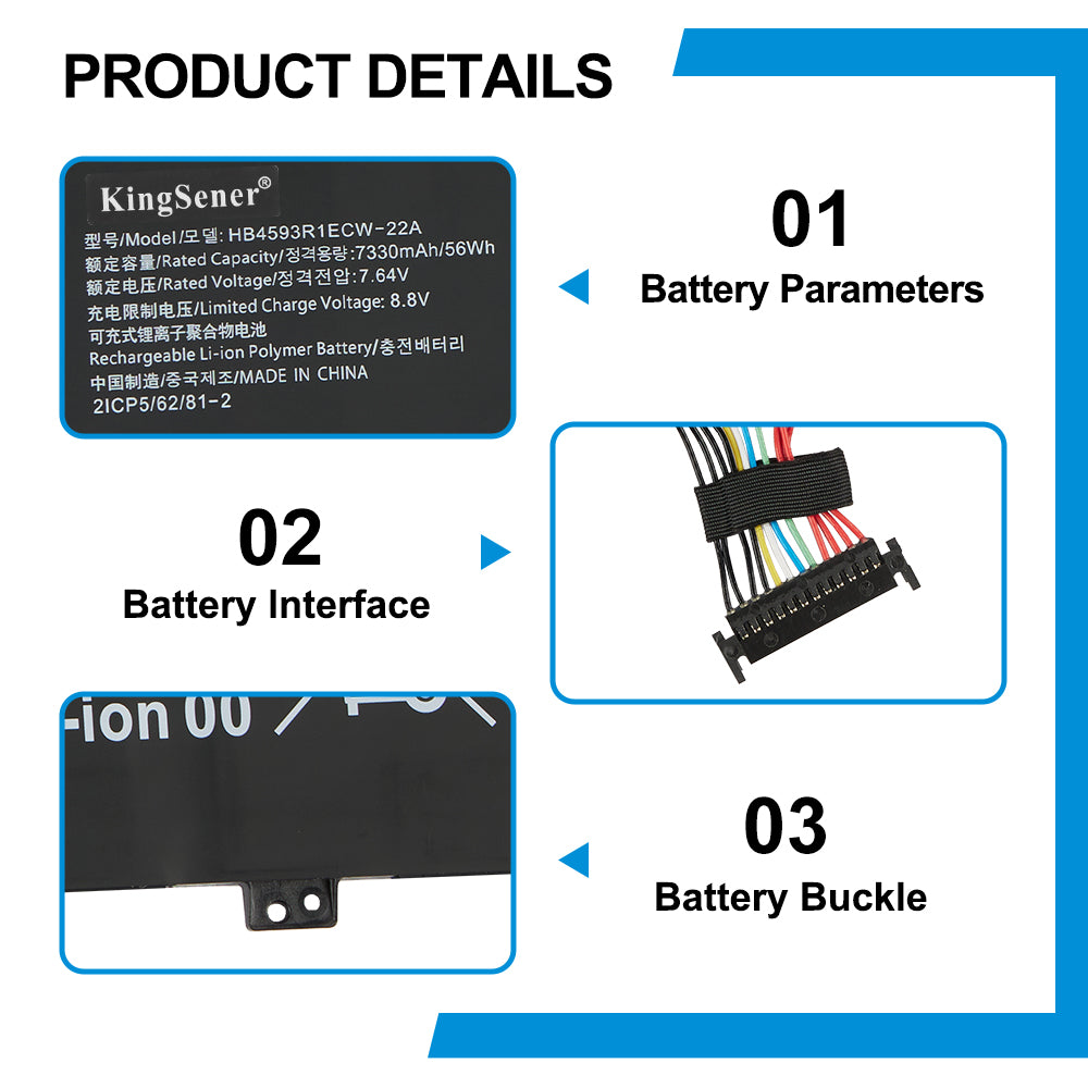 HB4593R1ECW-22A battery product details, 7.64V 7330mAh 56Wh Li-Polymer parameters, multi-pin interface connector, and battery buckle design