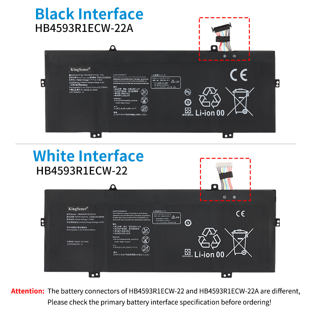 HB4593R1ECW-22 white interface vs HB4593R1ECW-22A black interface comparison, connector differences for Huawei MateBook 14 battery compatibility check