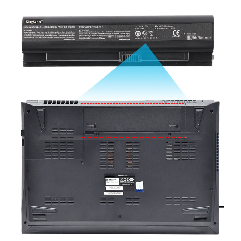 N950BAT-6 replacement Li-ion laptop battery 11.1V 62Wh 5500mAh installation inside gaming notebook chassis