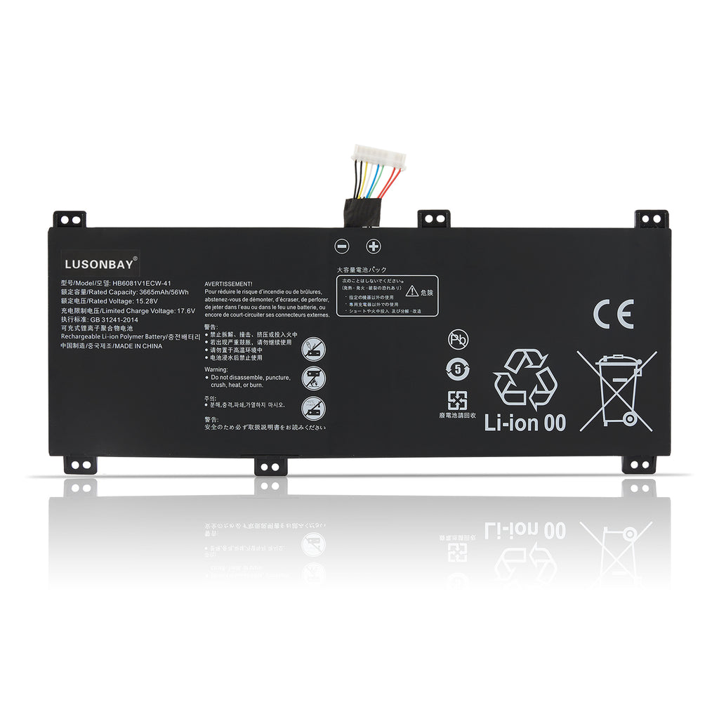 HB6081V1ECW-41 replacement battery for Huawei MateBook D16, back label view with Li-ion 15.28V 3665mAh 56Wh specs