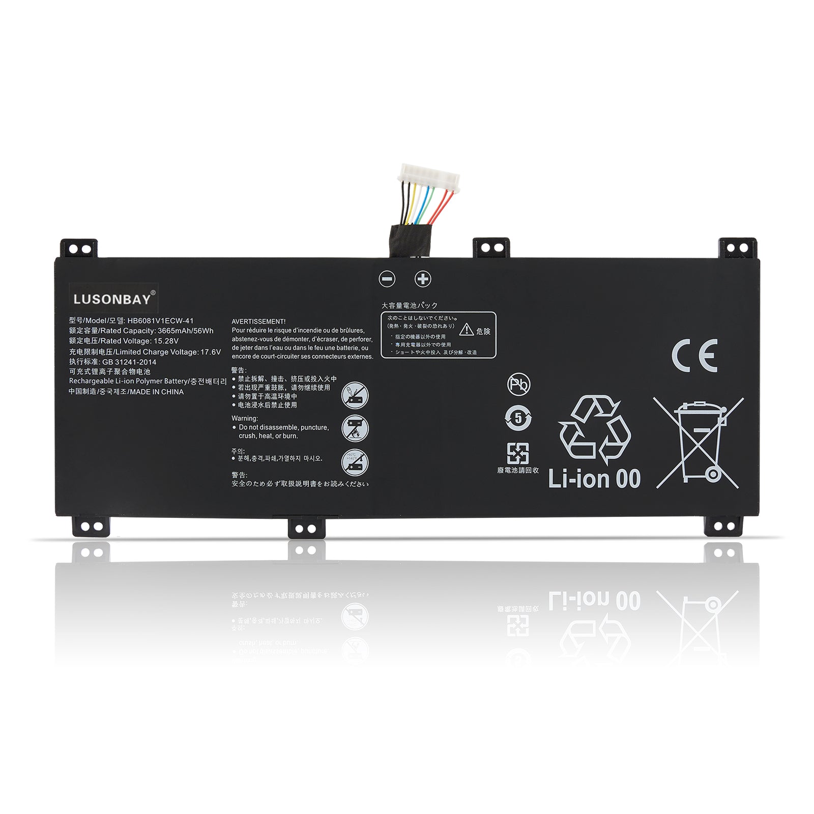 HB6081V1ECW-41 replacement battery for Huawei MateBook D16, back label view with Li-ion 15.28V 3665mAh 56Wh specs