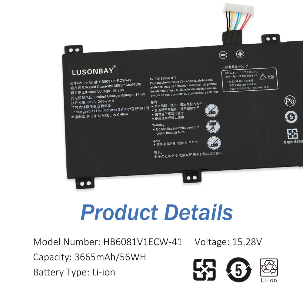 HB6081V1ECW-41 battery specifications close-up, 15.28V 3665mAh 56Wh Li-ion for Huawei MagicBook Pro 2020