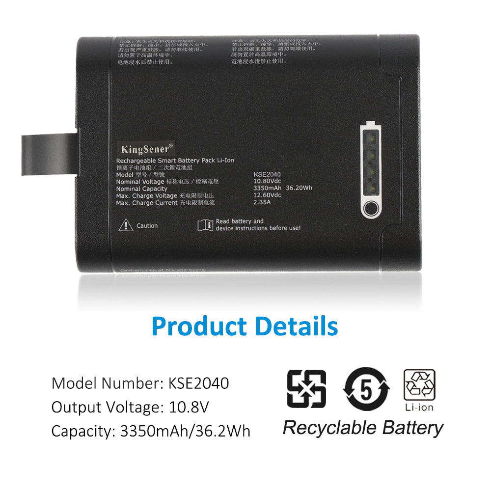 KSE2040 rechargeable battery pack 10.8V 3350mAh for NC2040 series, back view with technical labels and environmental safety icons