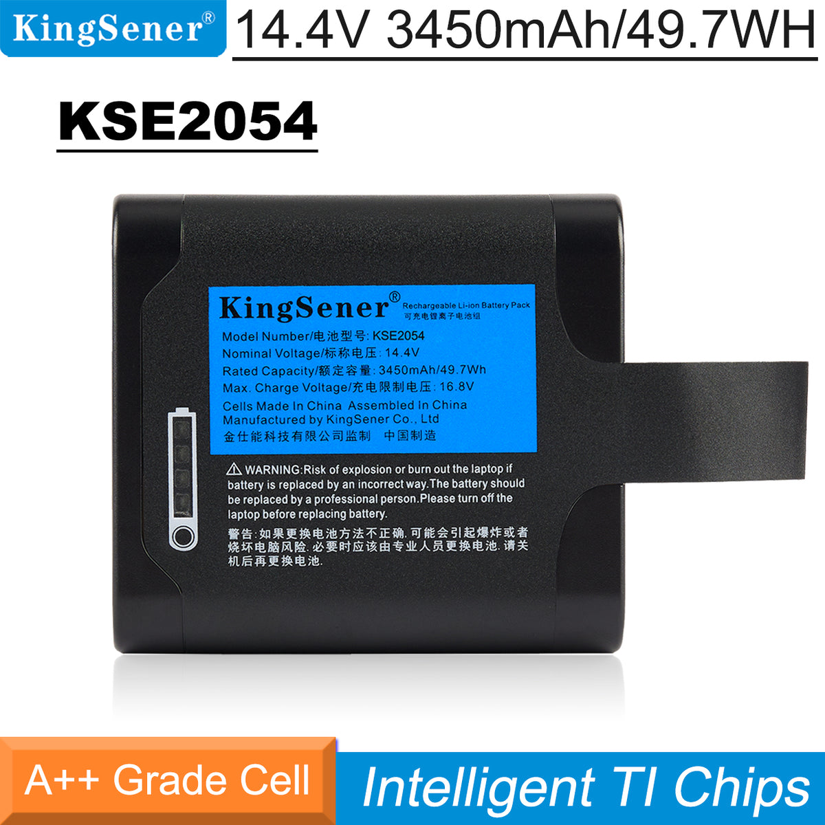 KSE2054 replacement battery for FLIR Si2-PD LD Pro Acoustic Camera, 14.4V 3450mAh 49.7Wh, blue label view with safety protection and M4 buckle