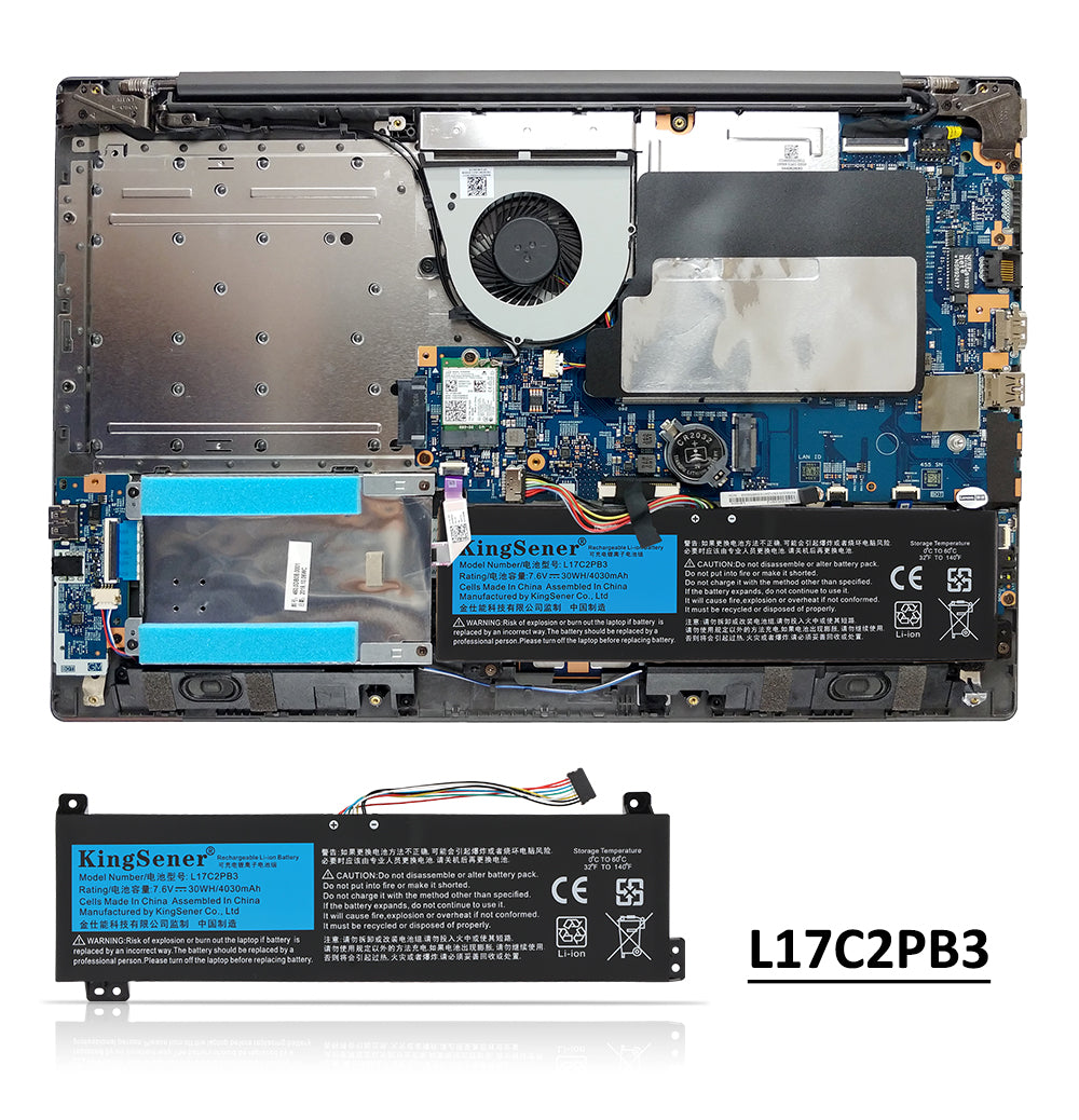 L17L2PB3 Replacement Laptop Battery for Lenovo, , top view of the battery showing screw holes and safety labels.