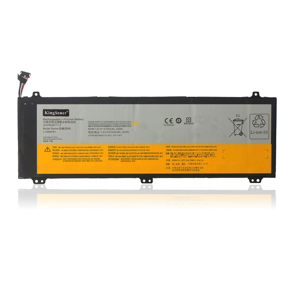L12M4P61 Rechargeable Laptop Battery for Lenovo, 7.4V 45Wh, rectangular black battery with cable connector.
