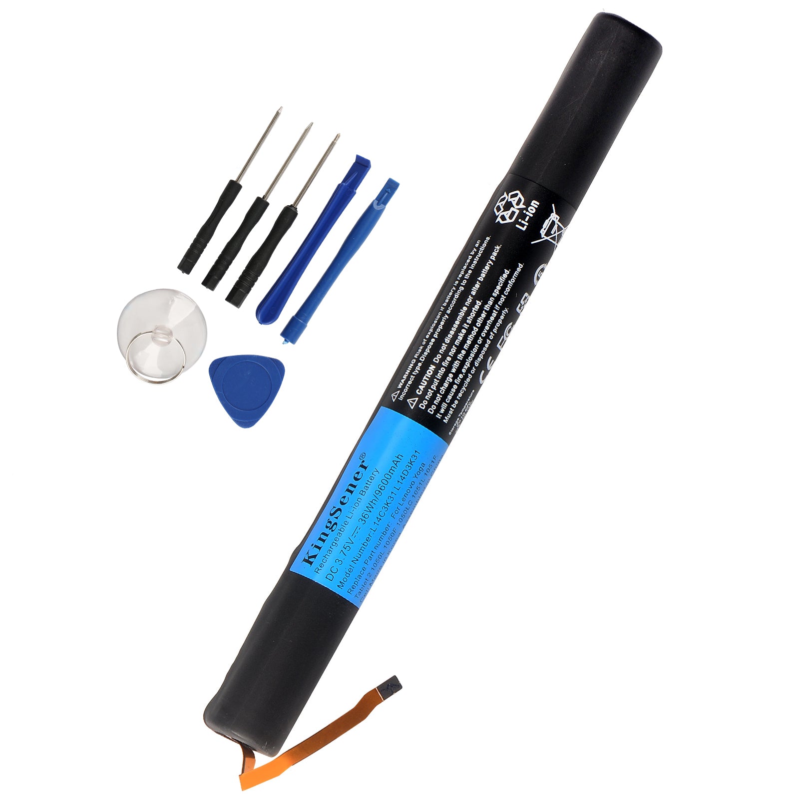L14C3K31 replacement battery kit for Lenovo Yoga Tablet 2, 3.75V 36Wh 9600mAh, with repair tools and cylindrical battery.