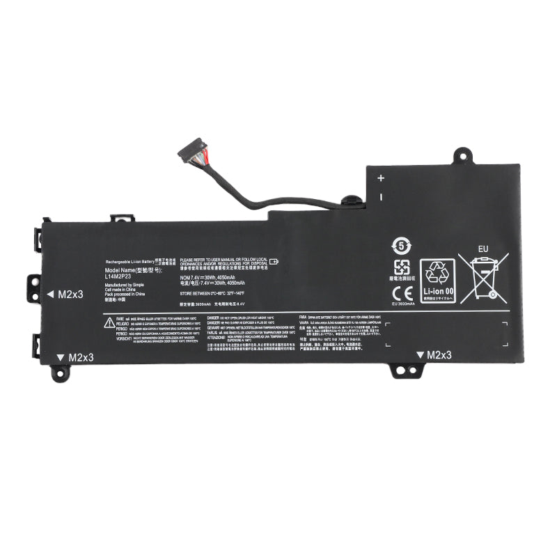 L14M2P23 Replacement Laptop Battery for Lenovo, 7.4V 30Wh, Flat black casing with cutout and M2x3 mounting tabs.