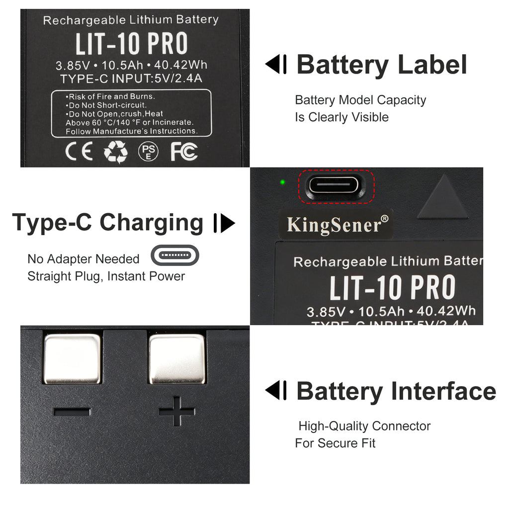LIT-10 Pro details: clear specs label, Type-C charging port no adapter needed, high-quality metal connector interface for secure fit