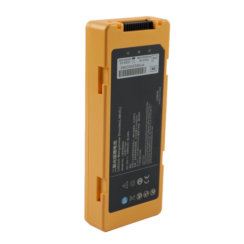 LM34S002A yellow defibrillator battery 12V 50.4Wh for Mindray AED C1 C2 S1 S2, back angled view showing serial number label