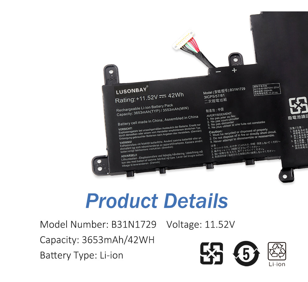 B31N1729 battery product details, Model B31N1729 11.52V 3653mAh 42Wh Li-ion for Asus VivoBook S15 S530 series