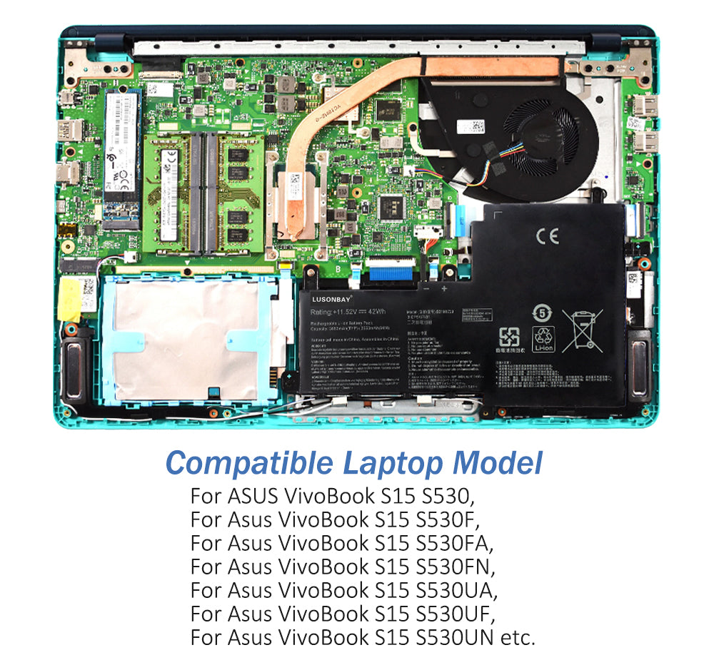 B31N1729 battery mounting inside Asus VivoBook S15 S530 laptop, internal installation with compatible model list shown