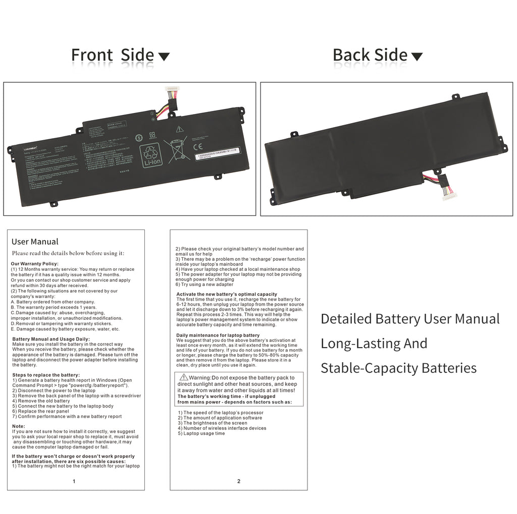LUSONBAY C31N1914 Laptop Battery for Asus ZenBook 13 UX425UG 14 UX435EA UX435EA-A5007T - Front and back of the battery