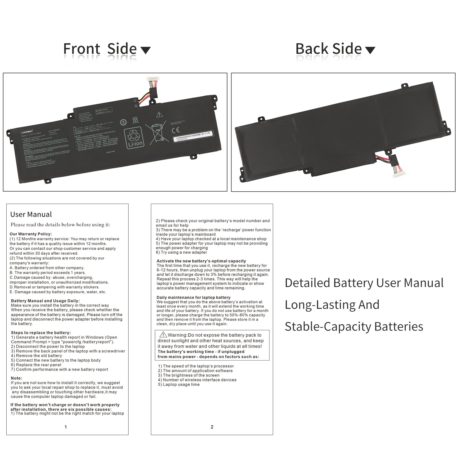 LUSONBAY C31N1914 Laptop Battery for Asus ZenBook 13 UX425UG 14 UX435EA UX435EA-A5007T - Front and back of the battery
