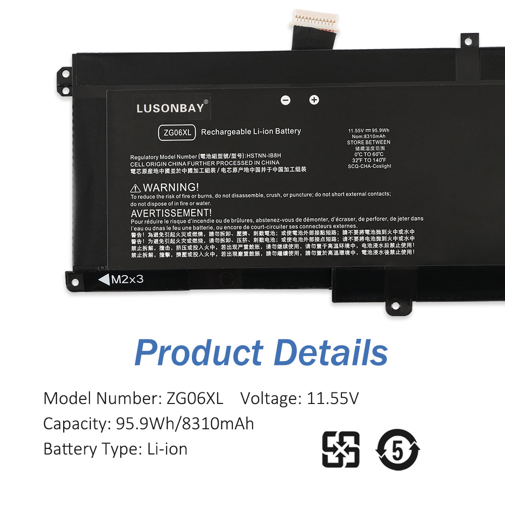 ZG06XL battery product details, 11.55V 95.9Wh 8310mAh Li-ion for HP ZBook Studio G5, label specifications view