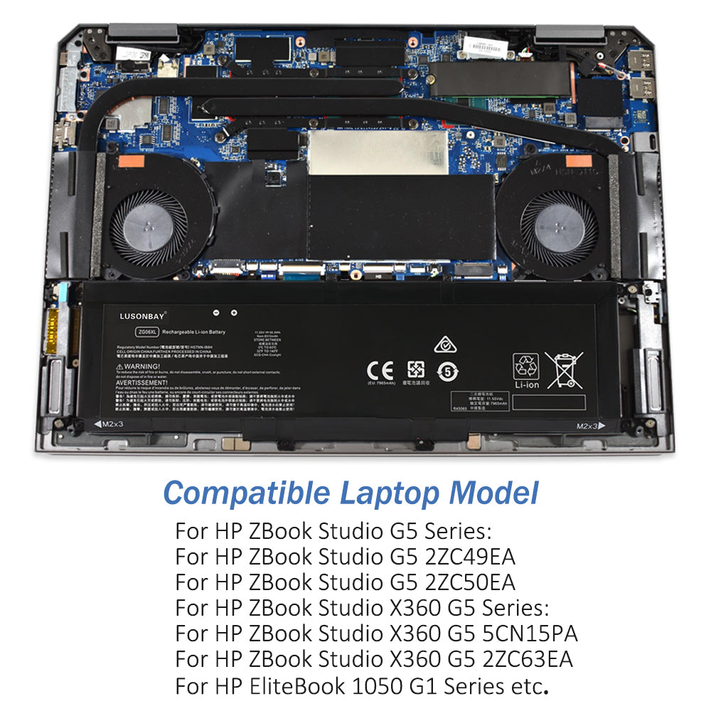 ZG06XL battery mounting position inside HP ZBook Studio G5 laptop, internal installation with compatible model list