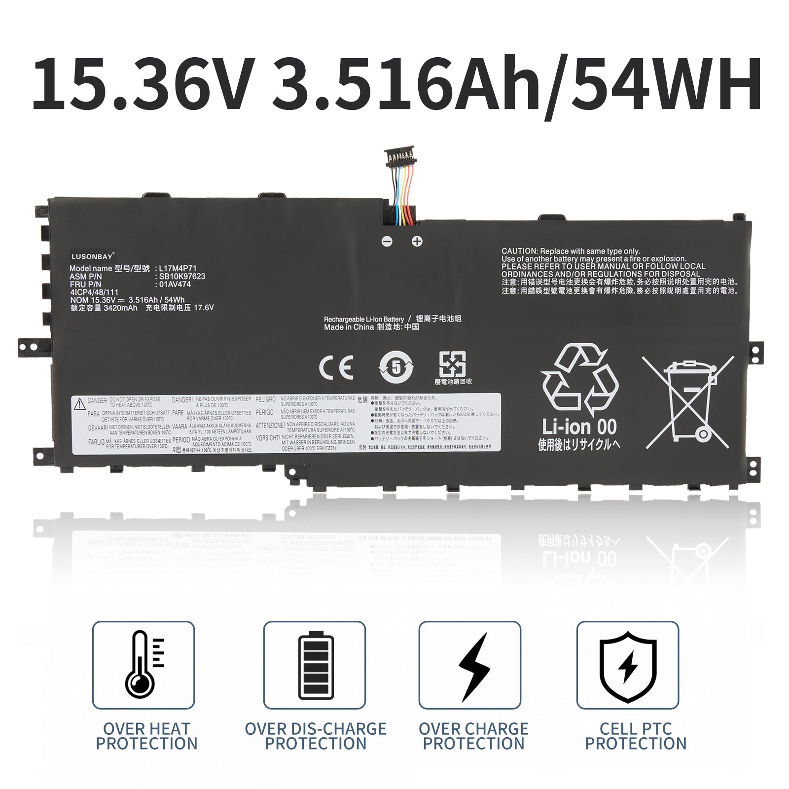 L17M4P71 Battery 15.36V 54Wh with Over Heat Charge Discharge PTC Protection for Lenovo ThinkPad X1 Yoga