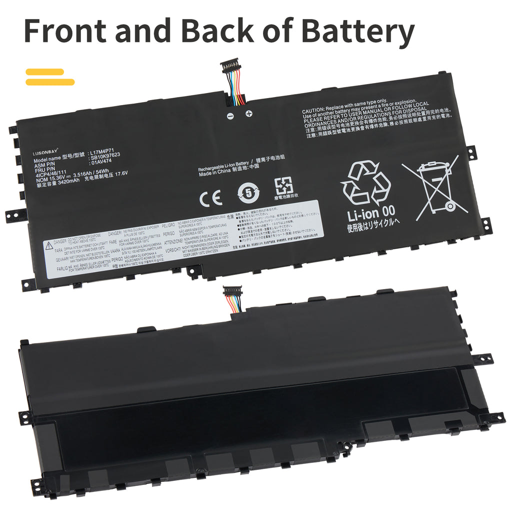 L17M4P71 replacement battery front and back view, Li-ion 15.36V 54Wh, for Lenovo ThinkPad X1 Yoga 3rd Gen