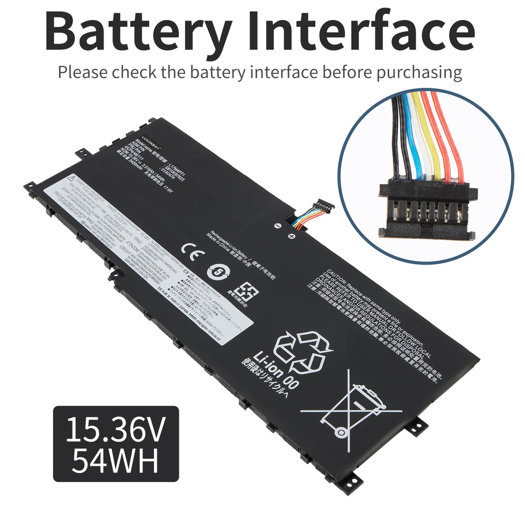 L17M4P71 battery interface connector close-up view, 15.36V 54Wh Li-ion, multi-pin plug detail shown