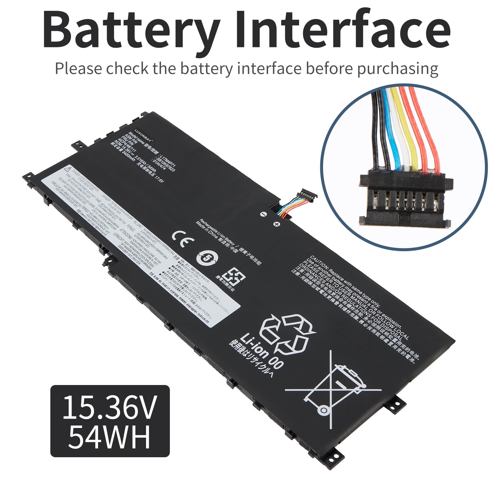 L17M4P71 battery interface connector close-up view, 15.36V 54Wh Li-ion, multi-pin plug detail shown