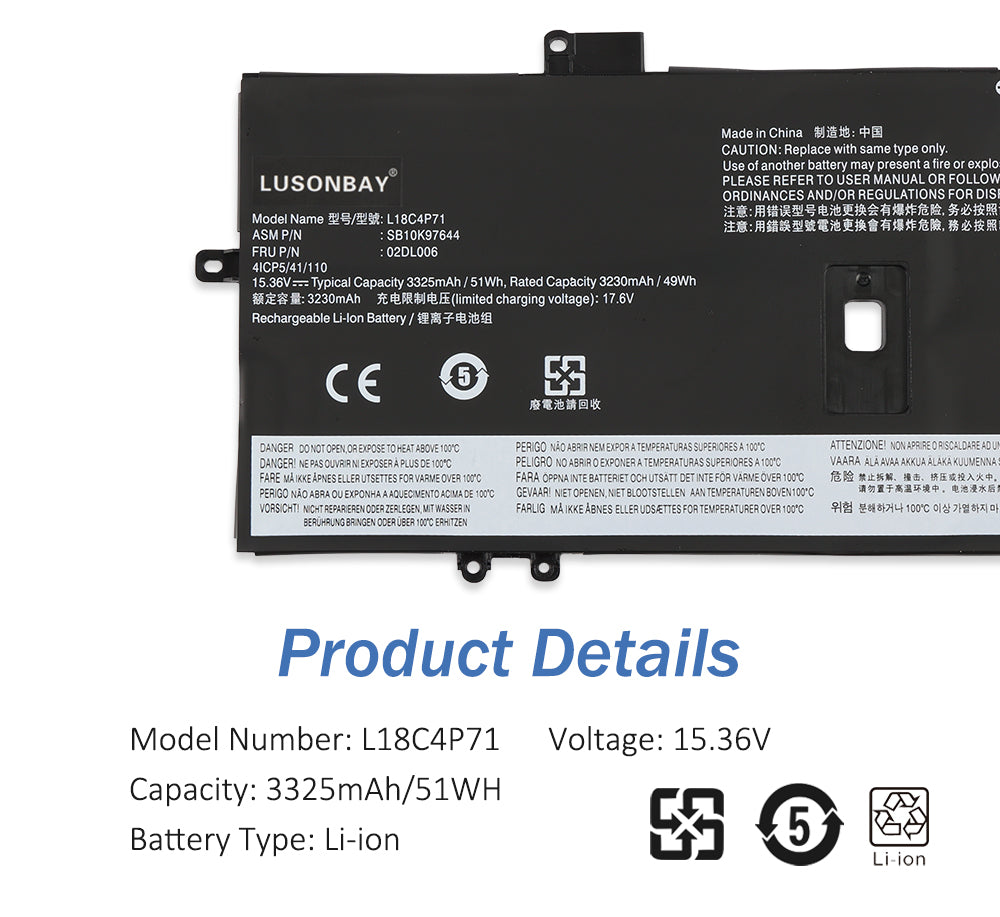 LUSONBAY L18C4P71 Battery For Lenovo ThinkPad X1 Carbon 7th 8th Gen Series - Product Details