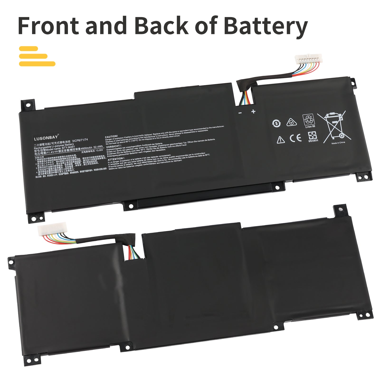 LUSONBAY BTY-M491 Laptop Battery For MSI Modern 15 A10RB A10RB-041TW A10RB-033CN A10RB-034CN - Front and back of the battery