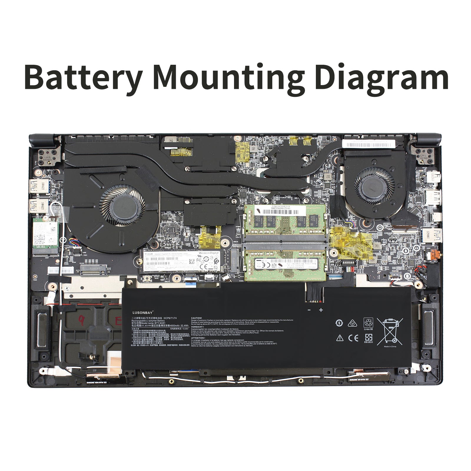 LUSONBAY BTY-M491 Laptop Battery For MSI Modern 15 A10RB A10RB-041TW A10RB-033CN A10RB-034CN - Battery Moounting Diagram