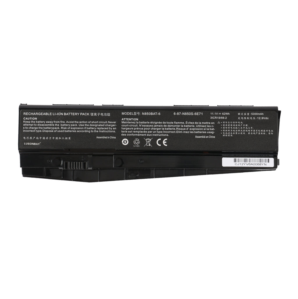 LUSONBAY N850BAT-6 Laptop Battery For Clevo N850 N850HC N850HJ N870HC N870HJ1 - Front View on White