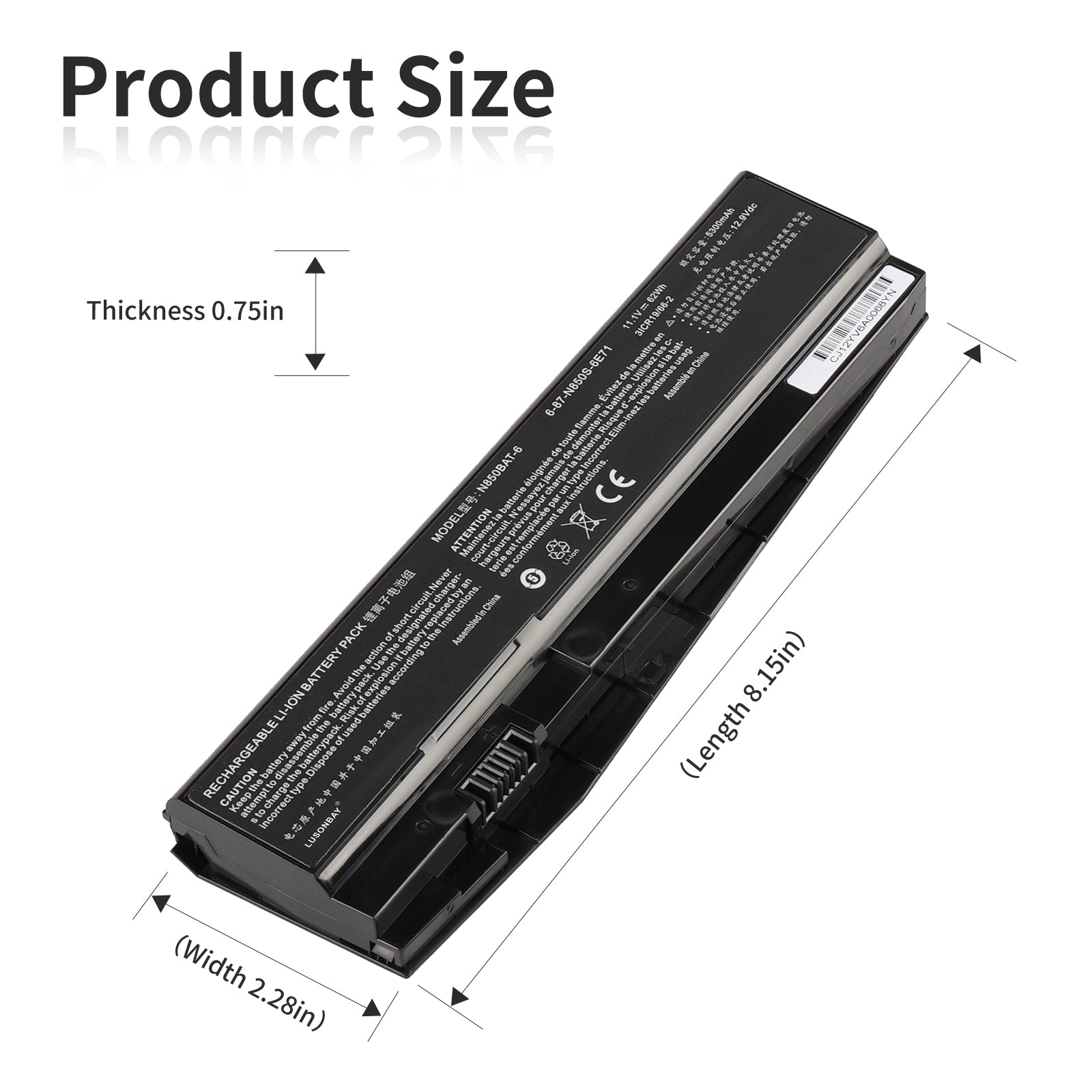 LUSONBAY N850BAT-6 Laptop Battery For Clevo N850 N850HC N850HJ N870HC N870HJ1 - Product Size