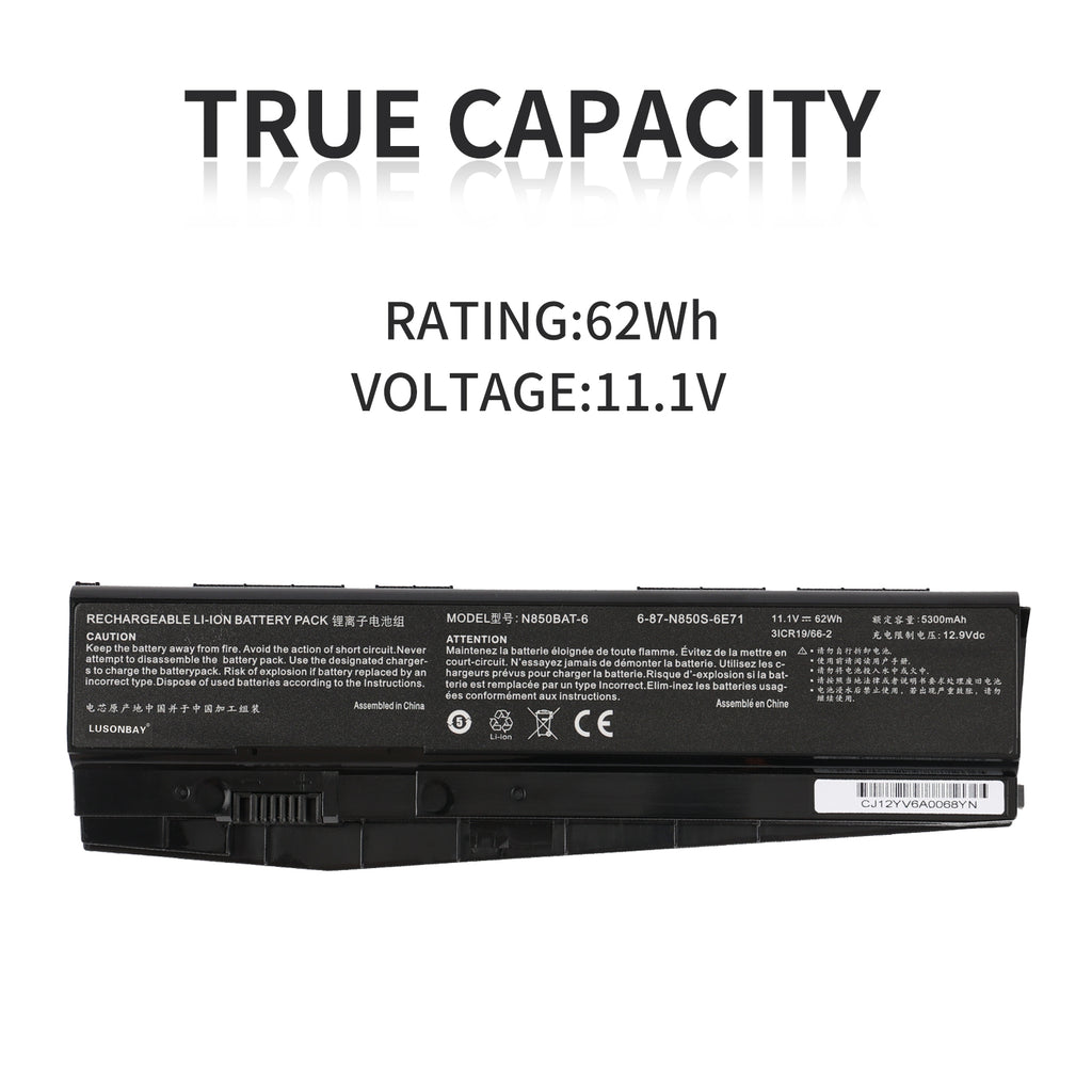 LUSONBAY N850BAT-6 Laptop Battery For Clevo N850 N850HC N850HJ N870HC N870HJ1 - True Capacity 11.1V 62Wh