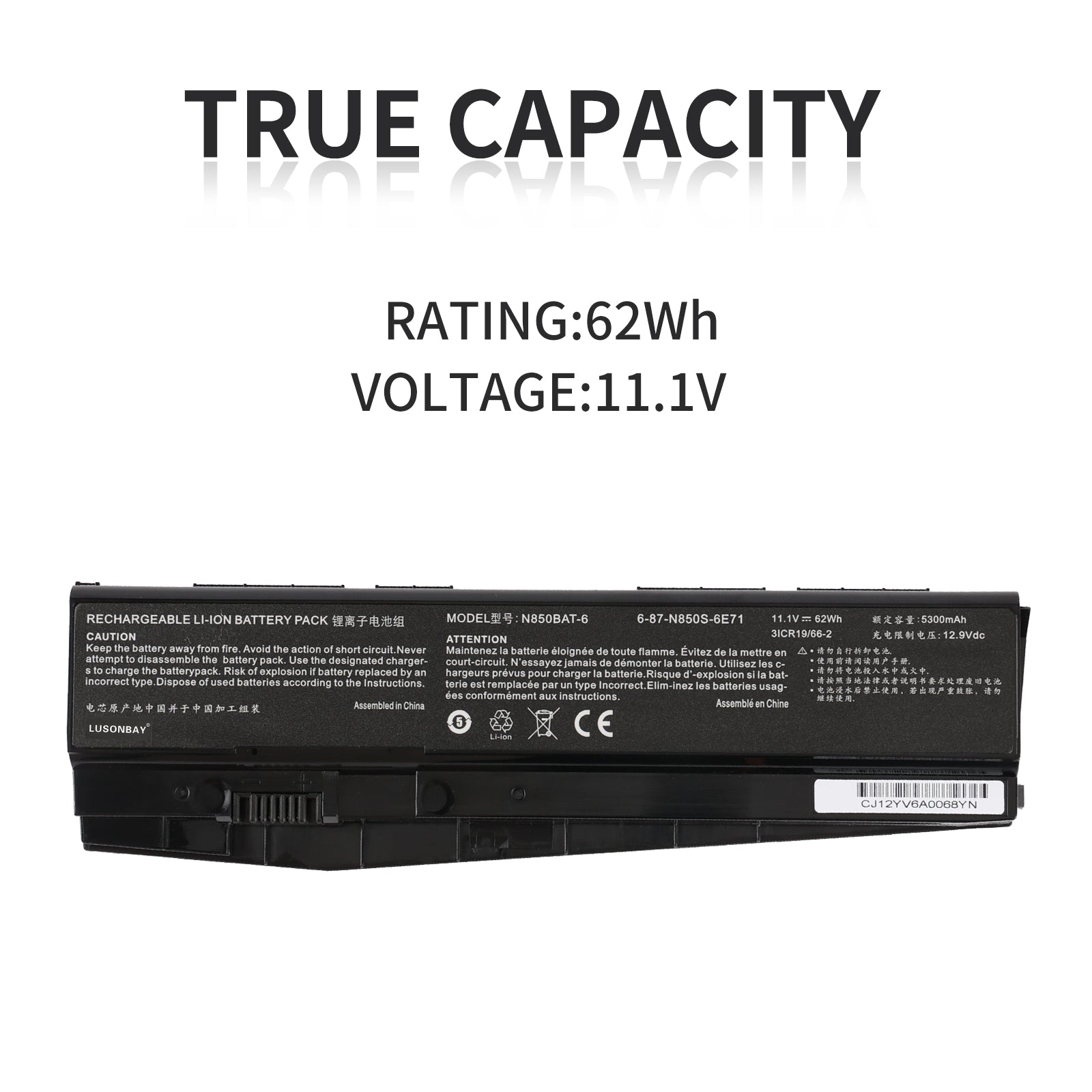 LUSONBAY N850BAT-6 Laptop Battery For Clevo N850 N850HC N850HJ N870HC N870HJ1 - True Capacity 11.1V 62Wh