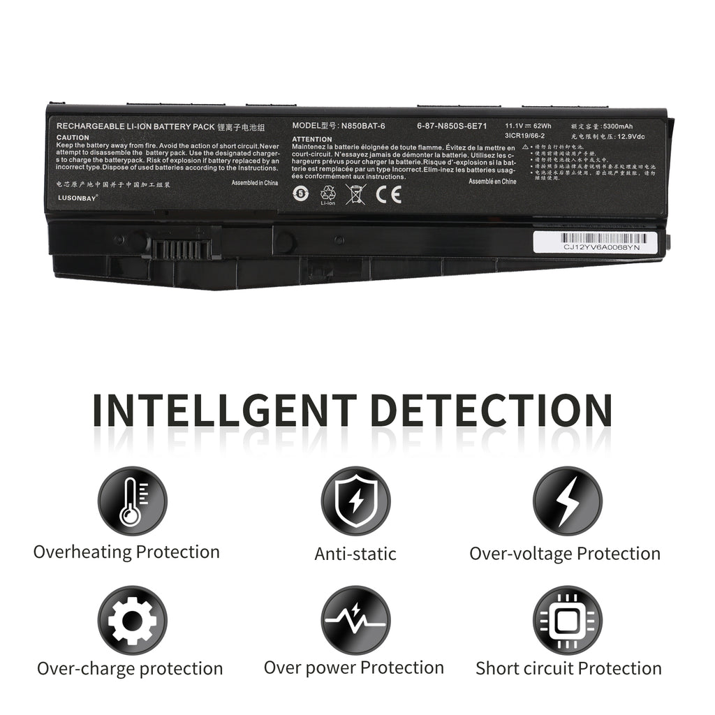 LUSONBAY N850BAT-6 Laptop Battery For Clevo N850 N850HC N850HJ N870HC N870HJ1 - Intellgent Detection