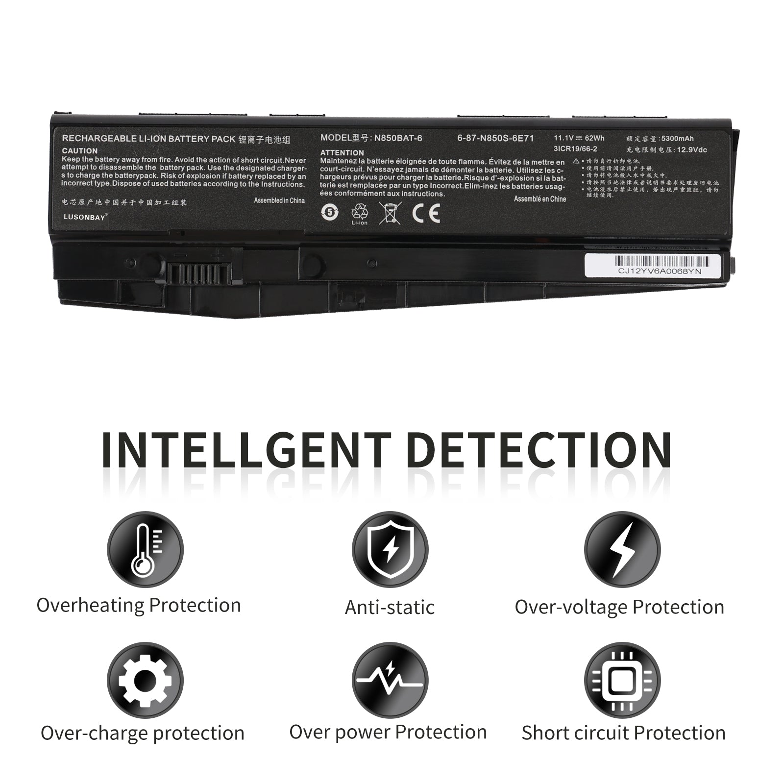LUSONBAY N850BAT-6 Laptop Battery For Clevo N850 N850HC N850HJ N870HC N870HJ1 - Intellgent Detection