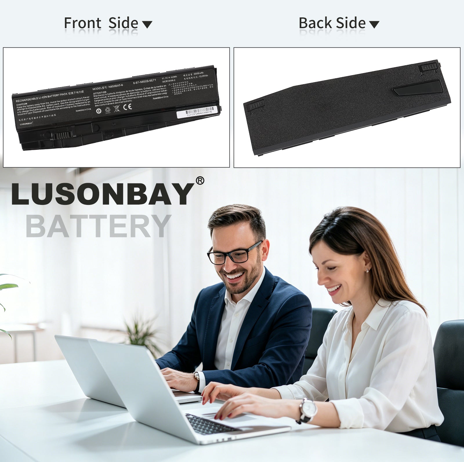 LUSONBAY N850BAT-6 Laptop Battery For Clevo N850 N850HC N850HJ N870HC N870HJ1 - Front and back of the battery