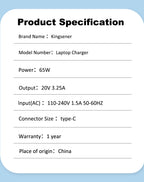 Universal Laptop Charger for Lenovo ThinkPad 65 Watt 20V 3.25A Type-C USB AC Adapter ADLX65YDC2A ADLX65YLC3D