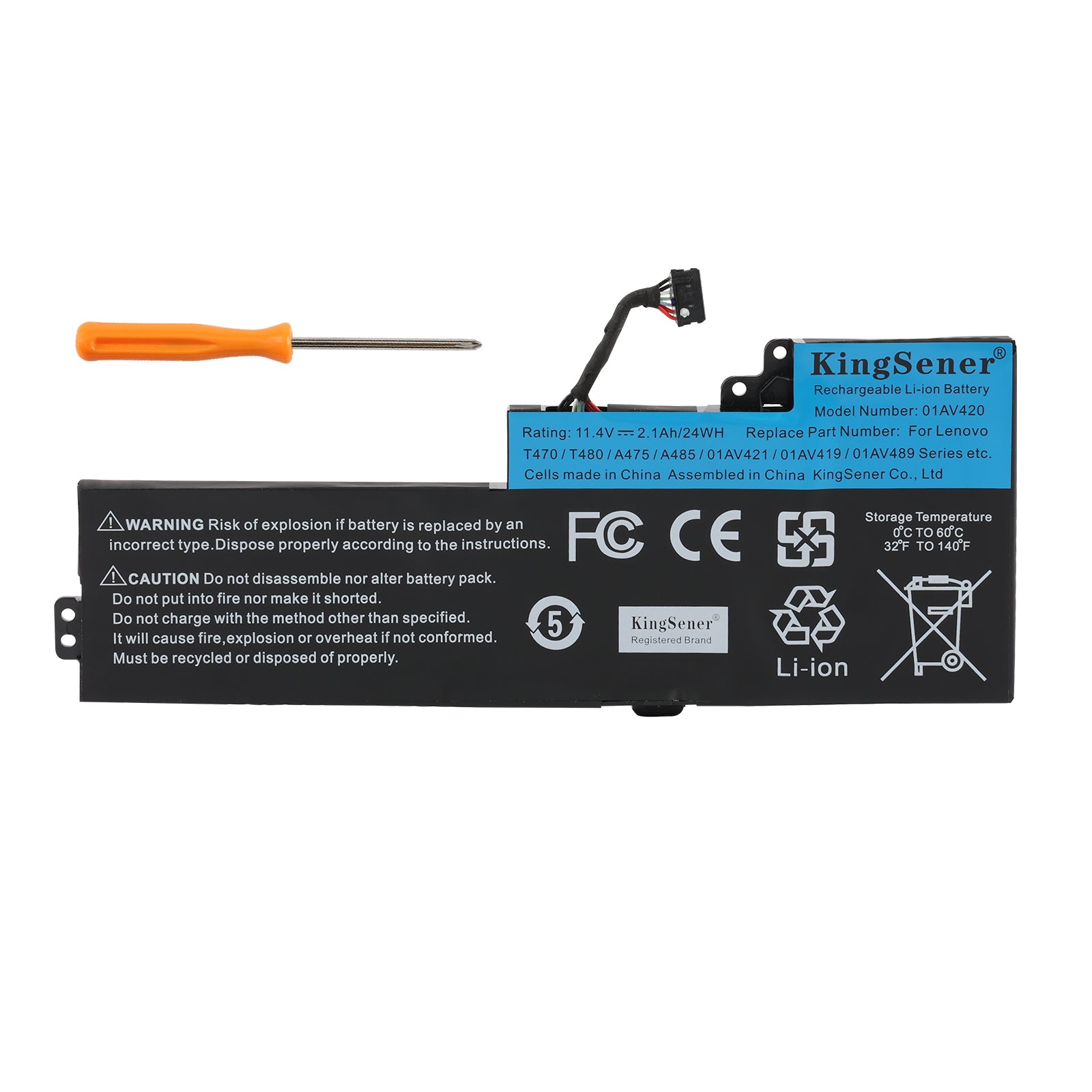 01AV420 battery 11.4V 2.1Ah 24Wh for Lenovo ThinkPad T470 A485, front view with blue label CE mark and orange screwdriver