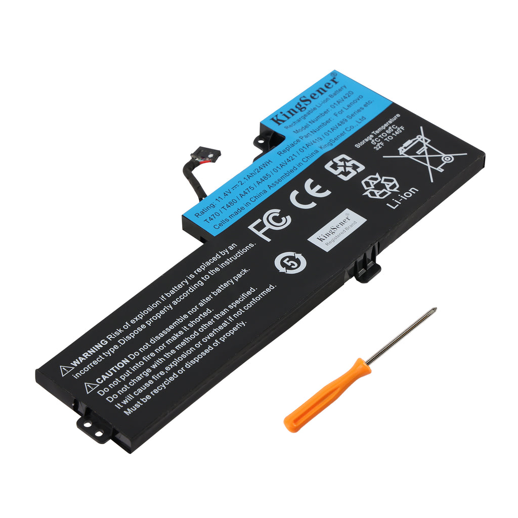 01AV420 replacement battery 11.4V 24Wh for Lenovo ThinkPad T470 A485, diagonal right view with orange screwdriver and blue KingSener label