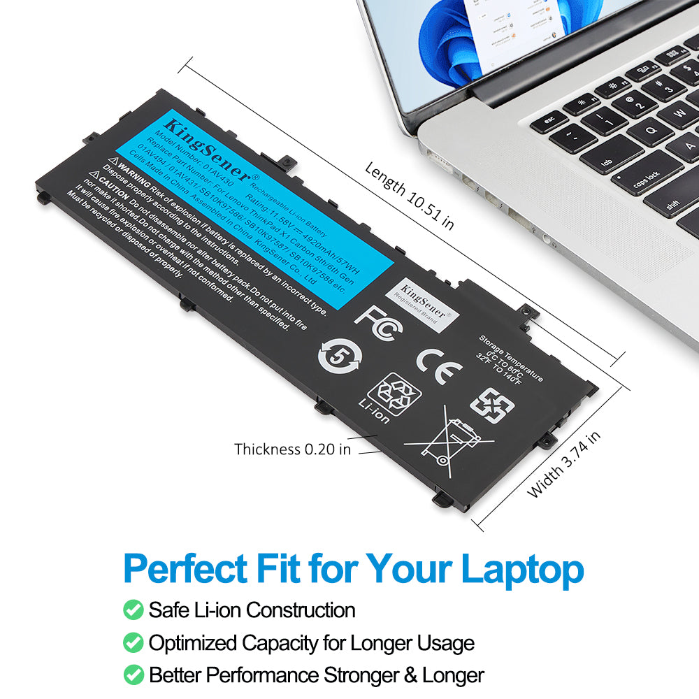 01AV430 Laptop Battery for Lenovo, 11.58V 57Wh, side edge showing the ultra thin rechargeable battery design