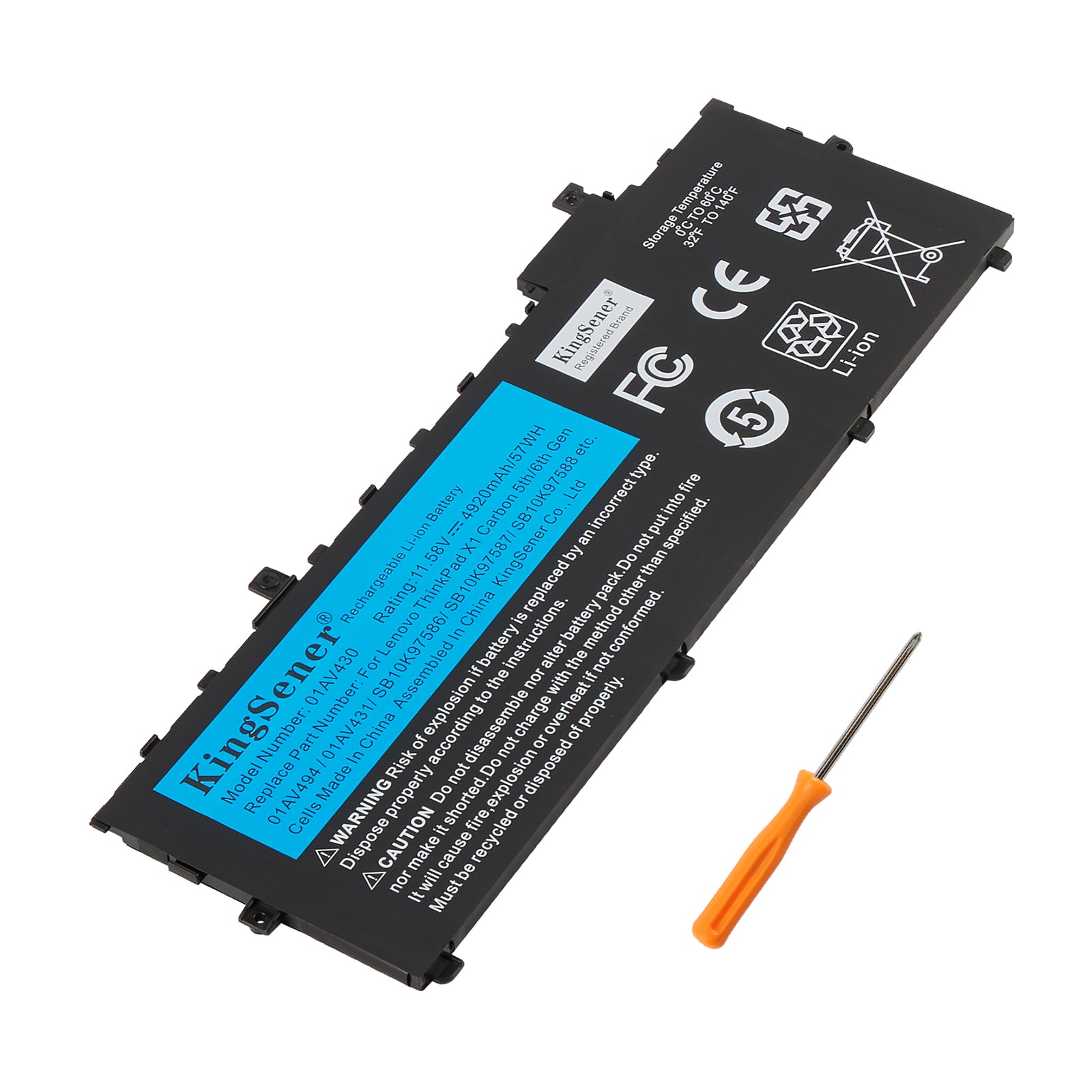 01AV430 Replacement Laptop Battery for Lenovo, 11.58V 57Wh, wide internal pack with ribbon cable.