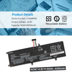 L14M4PB0 Replacement Laptop Battery for Lenovo, 4050mAh, perspective view of the battery casing and mounting tabs.