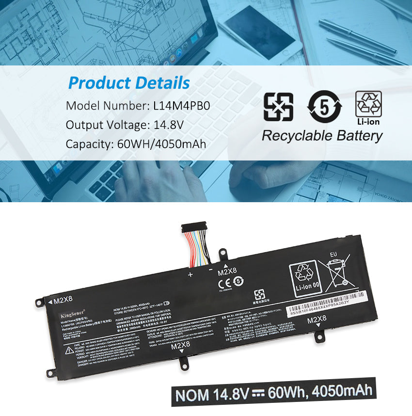 L14M4PB0 Replacement Laptop Battery for Lenovo, 4050mAh, perspective view of the battery casing and mounting tabs.