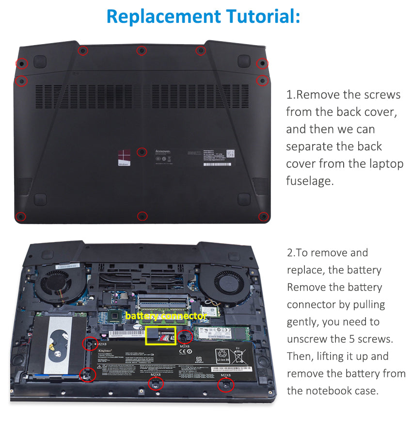 L14M4PB0 Replacement Laptop Battery for Lenovo, 4050mAh, top view of the battery showing screw holes and safety labels.